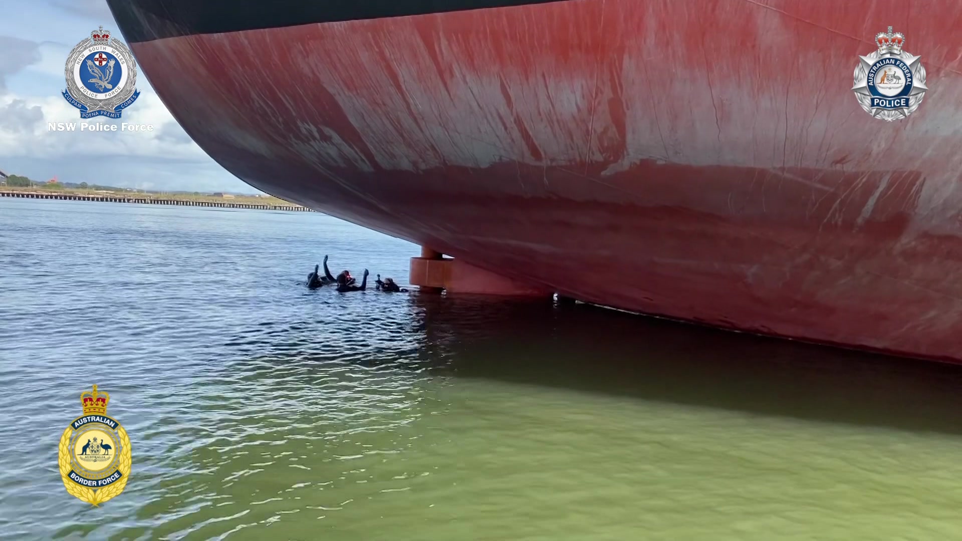 divers in the water next to a ship