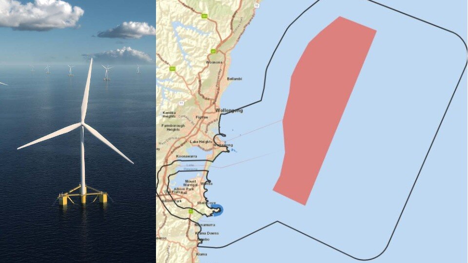 A split image showing an offshore wind turbine and a map showing the proposed location of a wind farm.