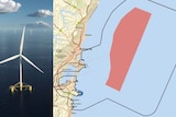 A split image showing an offshore wind turbine and a map showing the proposed location of a wind farm.