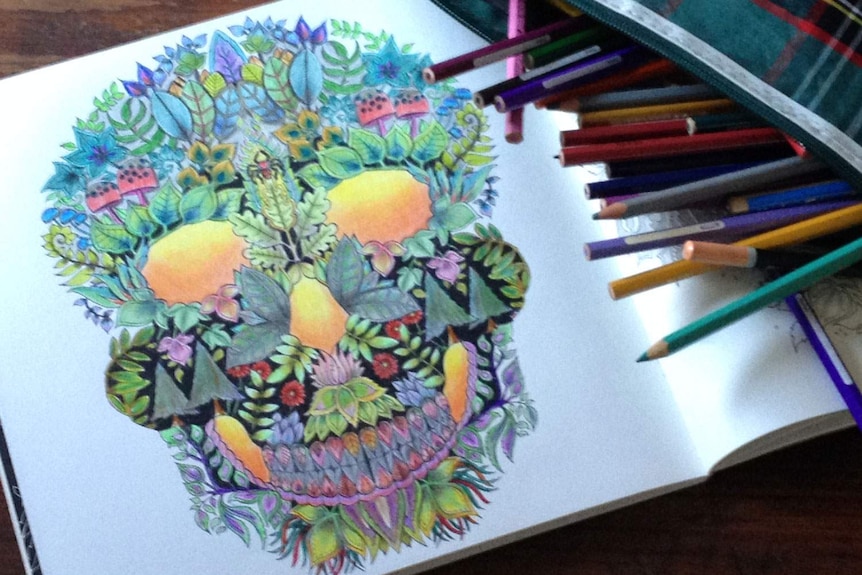Skull drawing coloured in by Bev Ford in July 2015, in The Enchanted Forest adult colouring book