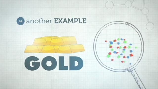 Graphic image a gold bars beside a magnifying glass, text reads "as another example, gold"