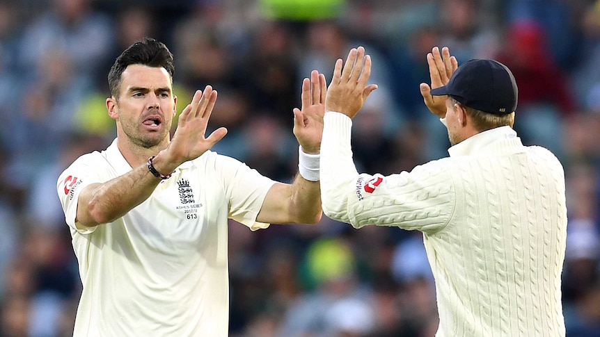 James Anderson and Joe Root give a high ten after Anderson took a wicket.