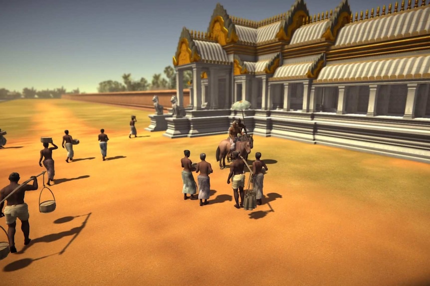 A 3d rendering of characters arriving at one of the gates of virtual Angkor Wat.