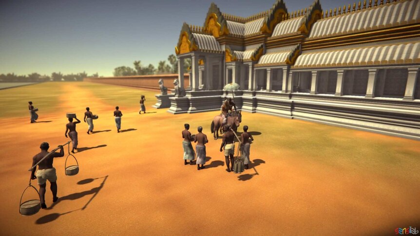 A 3d rendering of characters arriving at one of the gates of virtual Angkor Wat.