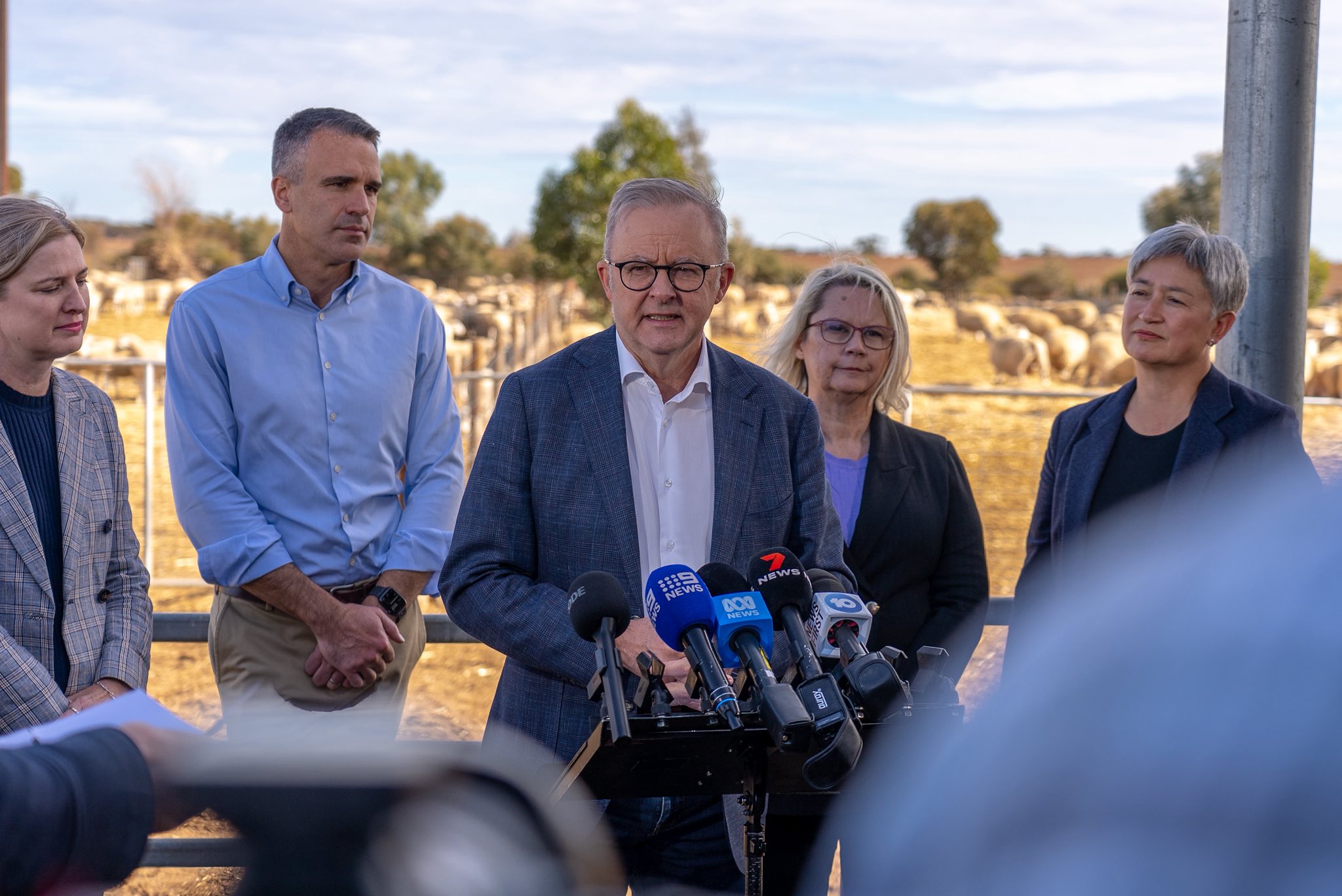 PM Anthony Albanese speaks at an on farm press conference in South Australia