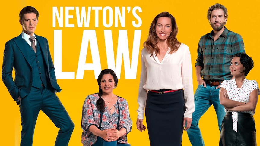 Newtons Law cast against a bright yellow background