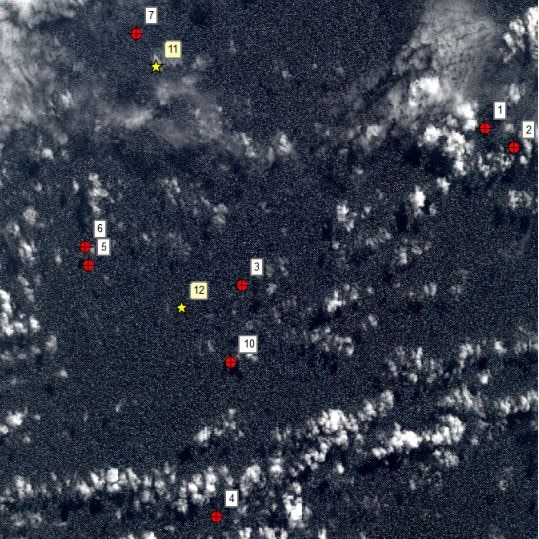Black and white French satellite photos showing the objects around 35 degrees south after disappearance of MH370