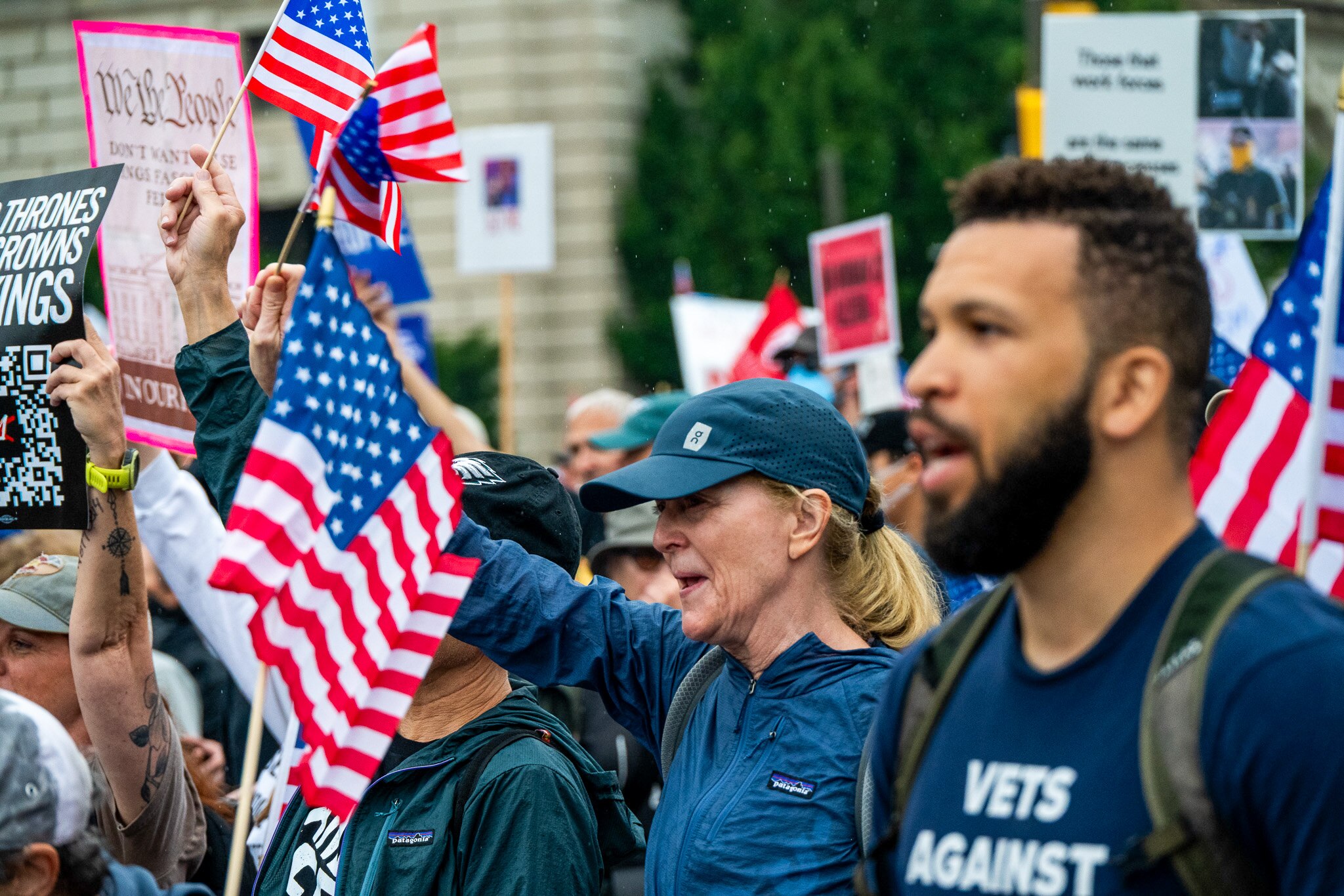 Protesters hold anti-Donald Trump signs in the streets of Philadelphia.