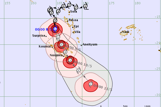 The forecast path and intensity of Tropical Cyclone Donna.