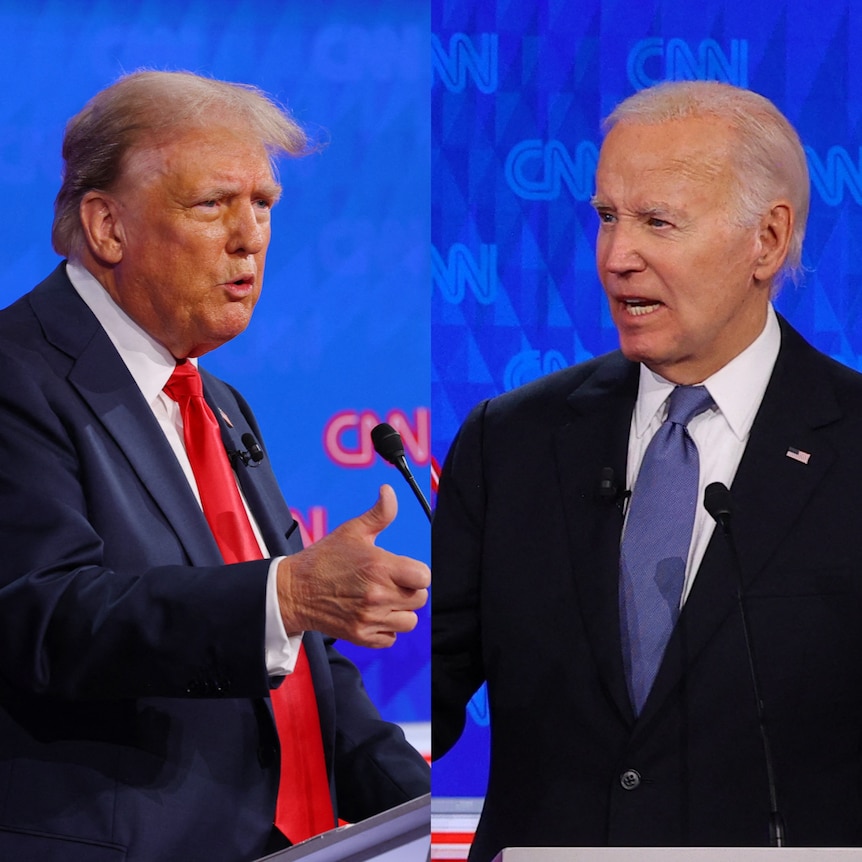 A side by side image of Trump in a suit raising a thumb and Biden in a suit l