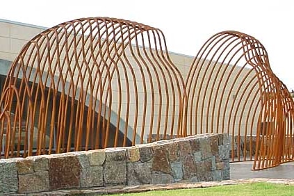 The much-maligned sculpture stands outside the new City of Albany administration building.