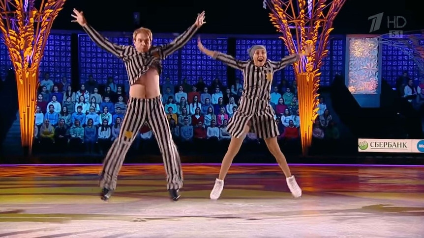 Tatiana Navka performs a Holocaust-themed ice skating routine with Andrei Burkovsky.