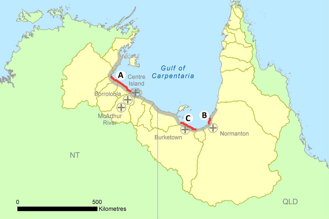 Map showing areas affected by severe mangrove dieback in late 2015.