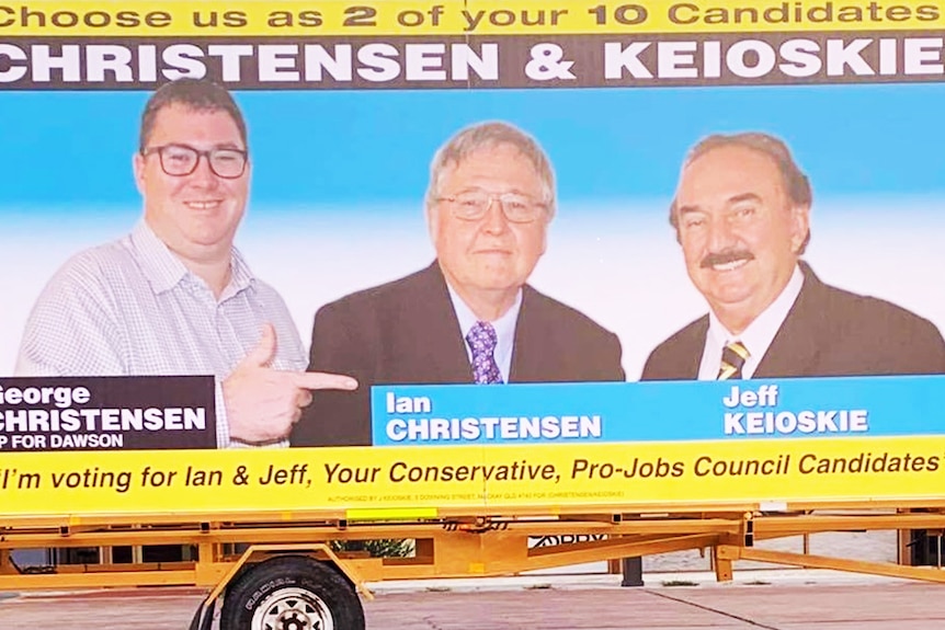 Advertisement showing George Christensen pointing at his father Ian Christensen and Jeff Keioskie.