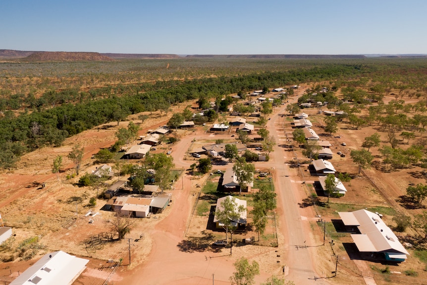 A drone photo of rows of houses in a remote community in the Northern Territory