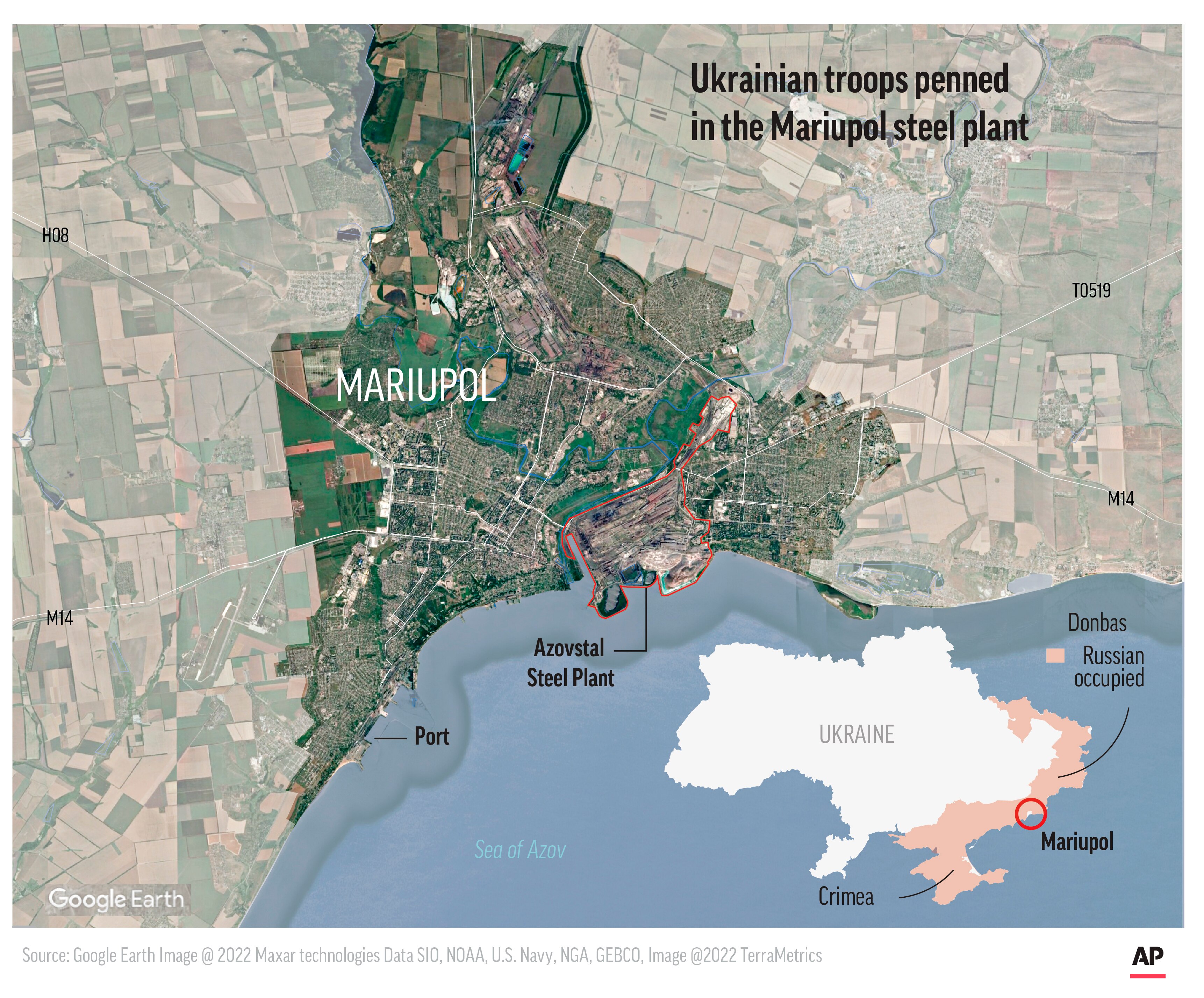 An ariel map of Mariupol with the Azovstal steel works outlined in red.