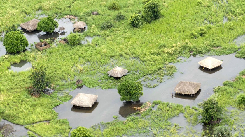 Rising waters threaten homes on the flooded Zambezi river in Mozambique