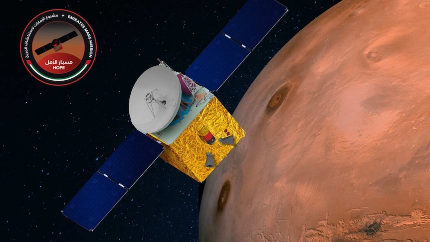 A model of the Hope probe orbiting Mars.