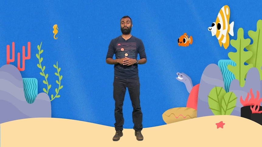 Dr Nij from the podcast 'Imagine This' standing in animated water with animated sea creatures around him