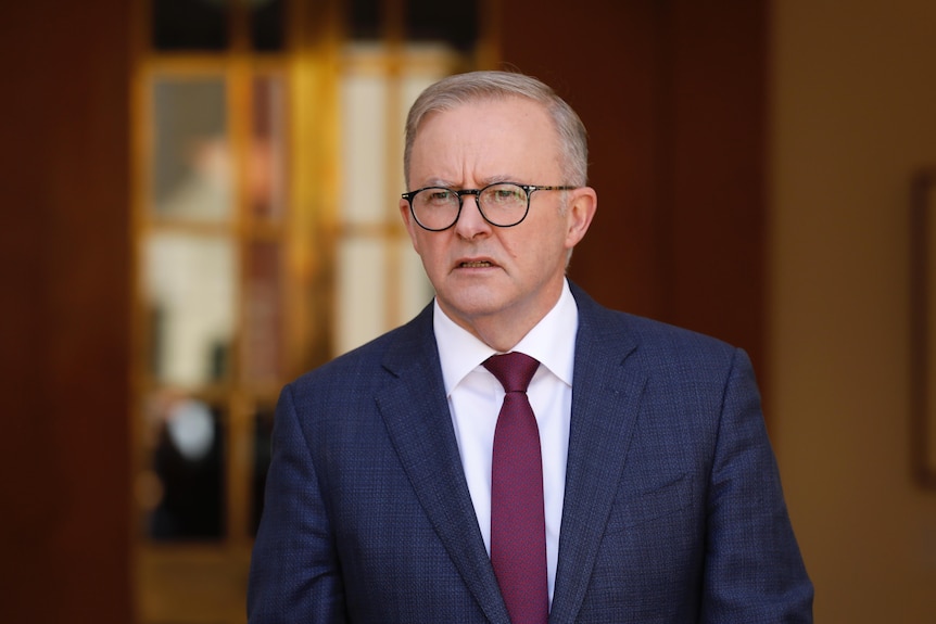 Anthony Albanese speaks at a press conference in the PM's courtyard at Parliament House