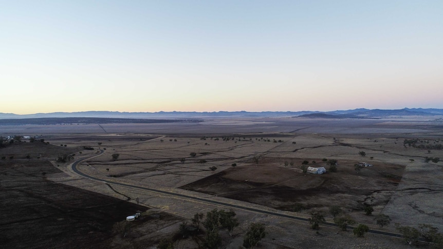 View from a drone above the Liverpool Plains of NSW at sunrise