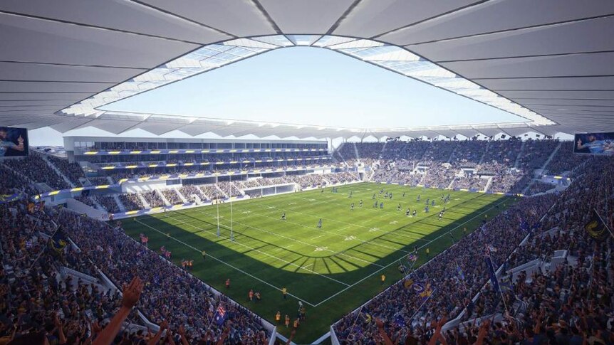An artist's impression shows a football field seen from the corner of a stadium, with an animated crowd.