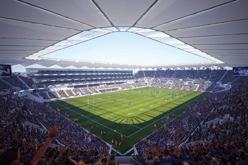 An artist's impression shows a football field seen from the corner of a stadium, with an animated crowd.