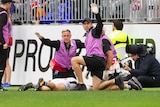 Robbie Gray of Port Adelaide is injured against Fremantle at Perth Stadium on July 15, 2018.