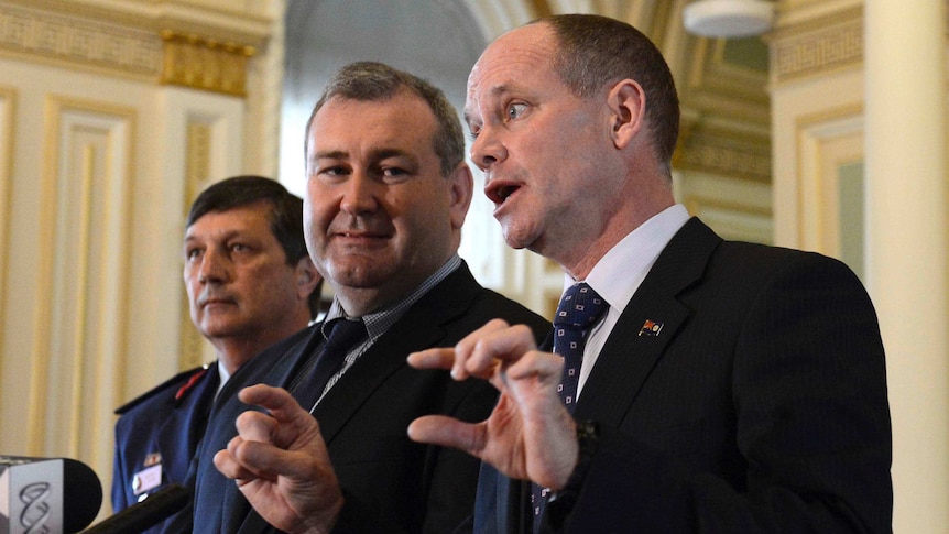 Campbell Newman, Jack Dempsey and Queensland Fire Commissioner Lee Johnson announce the findings of the Keelty review.