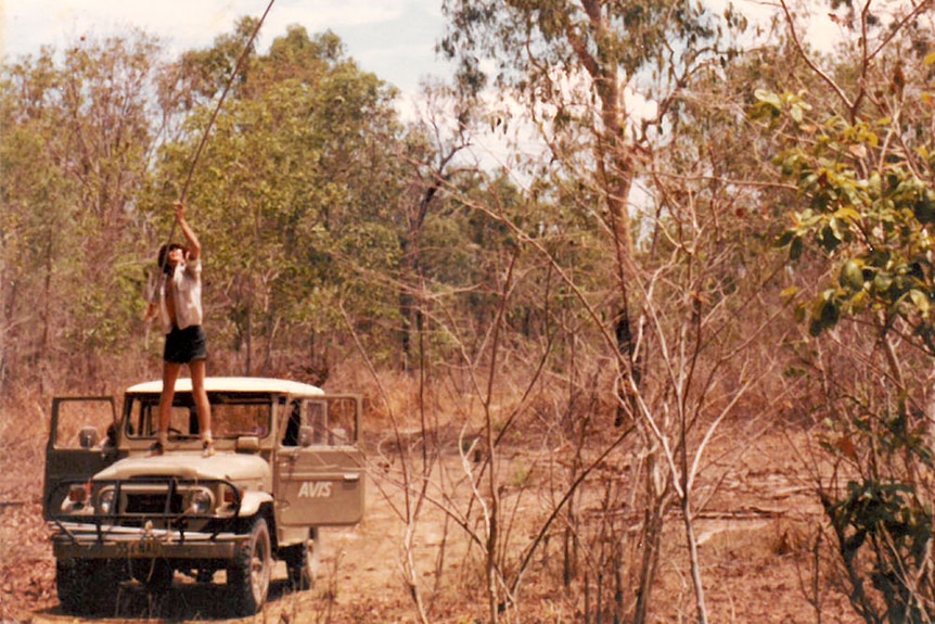 Old photo of Ken on a car roof reaching up into the sky with a long, long net on the end of a rod