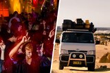 A composite image of a crowd dancing at a nightclub and a van driving through the Pinnacles rock formations in WA.