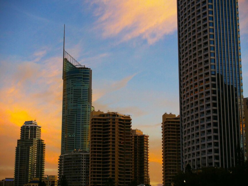Surfers Paradise buildings at sunset