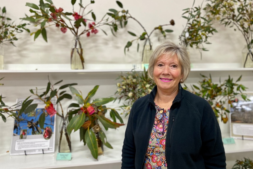 woman standing in front of blooming wildflower