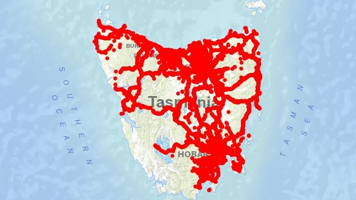 Red lines cover a map of Tasmania.