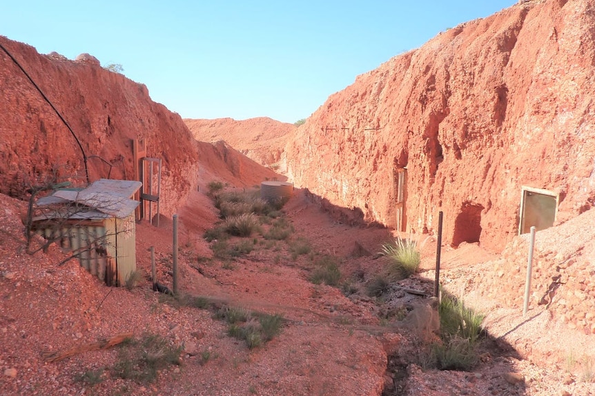 The exterior of a below-ground residence made of red rock adorned with green shrubs against a clear sky.