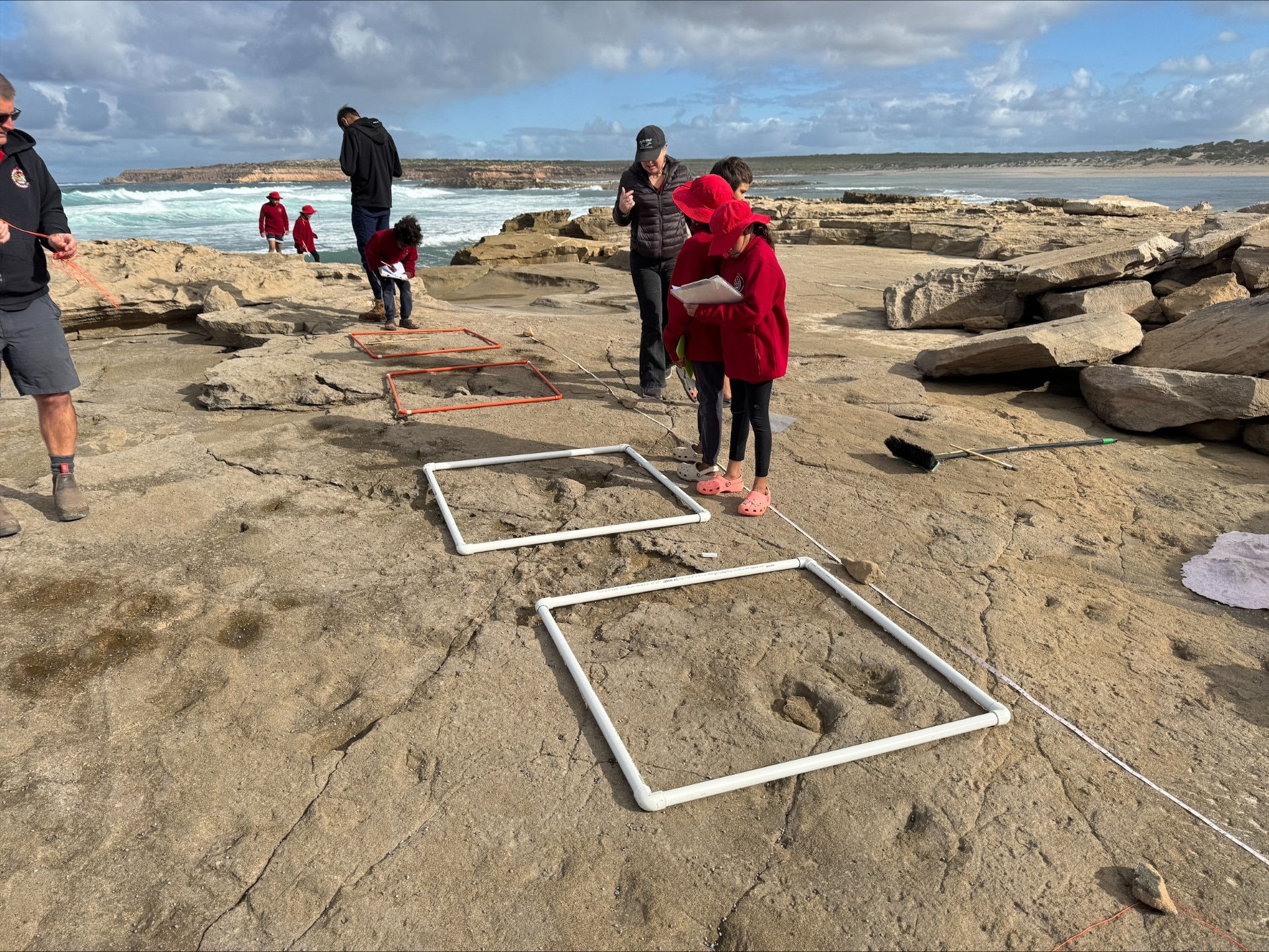 People on flat coastal rock surface with square frames placed on the ground in a row.