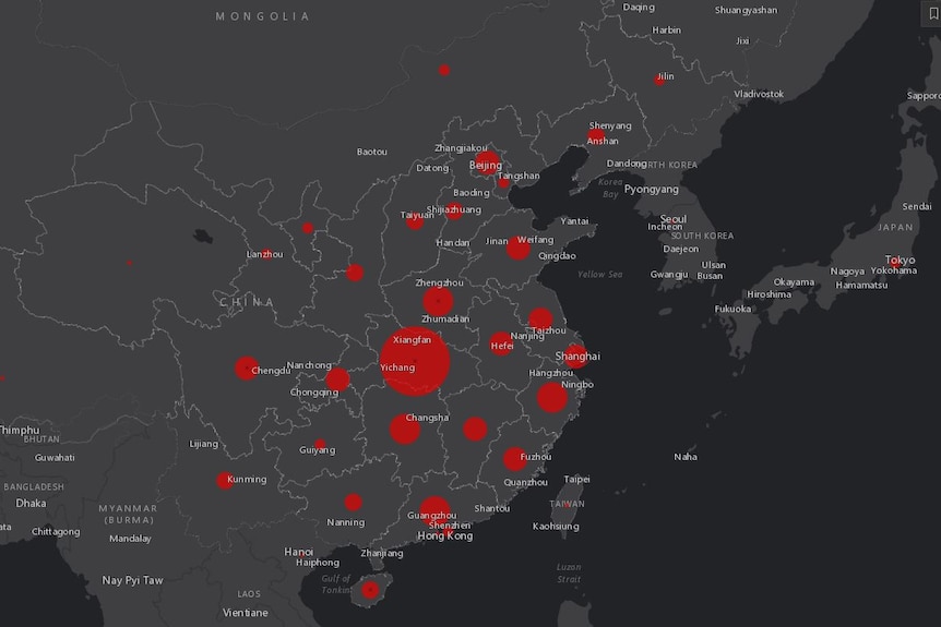 A black map of China, with various-sized red dots representing the number of coronavirus cases.