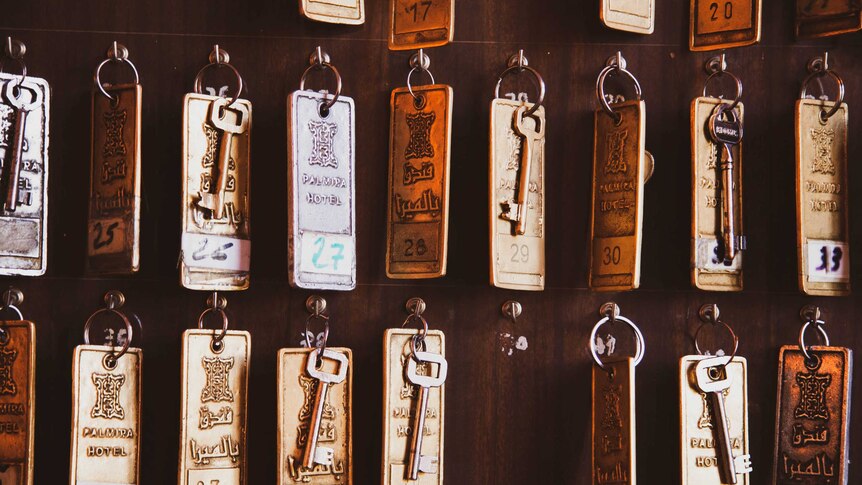 Room keys on the board in the Palmyra Hotel.