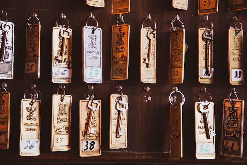 Room keys on the board in the Palmyra Hotel.