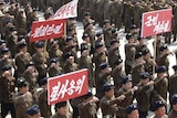 North Korean soldiers rally against the US in Nampo