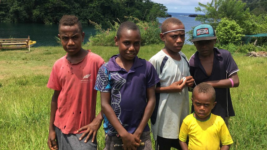 Five boys stand in a line for a photo with palm trees and jungle in the background in Vanuatu.