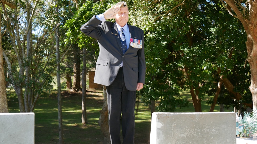 A senior man wearing an army beret and war medals stands at the end of a grave, holding a salute.
