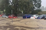 A row of cars on a suburban street are partially submerged by floodwaters as rain continues to fall.