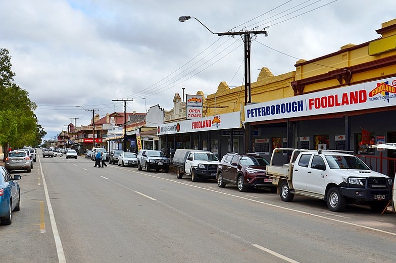 The main street in the town of Peterborough, featuring the Foodland sign.