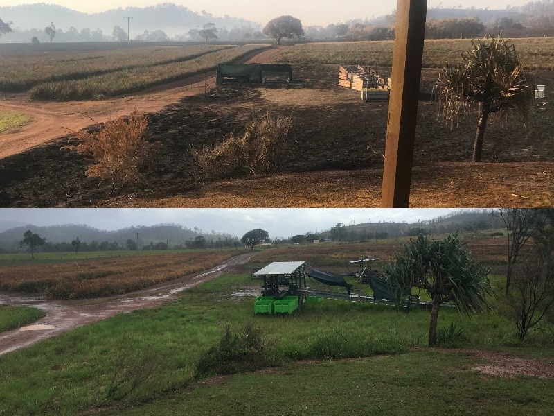 The view from Barry Brook's porch looking out to a burnt gully and dead grass