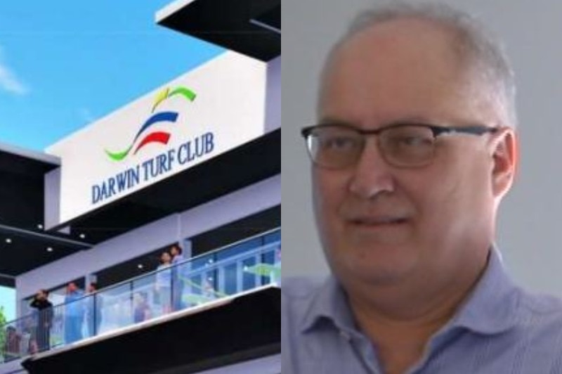 A composite image of a building with the words 'Darwin Turf Club' and a man wearing glasses.