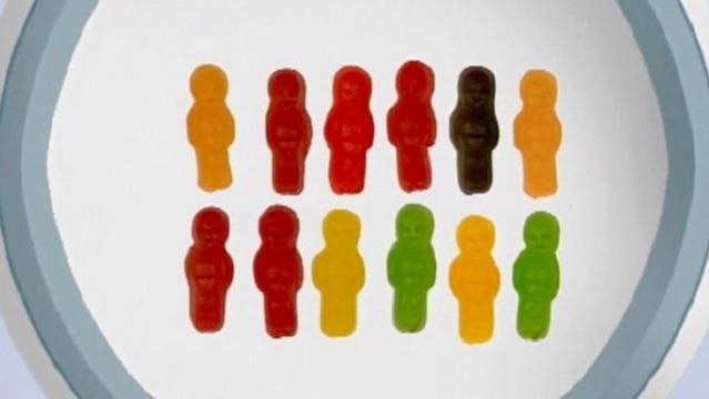 image of twelve coloured jelly babies in two rows of six