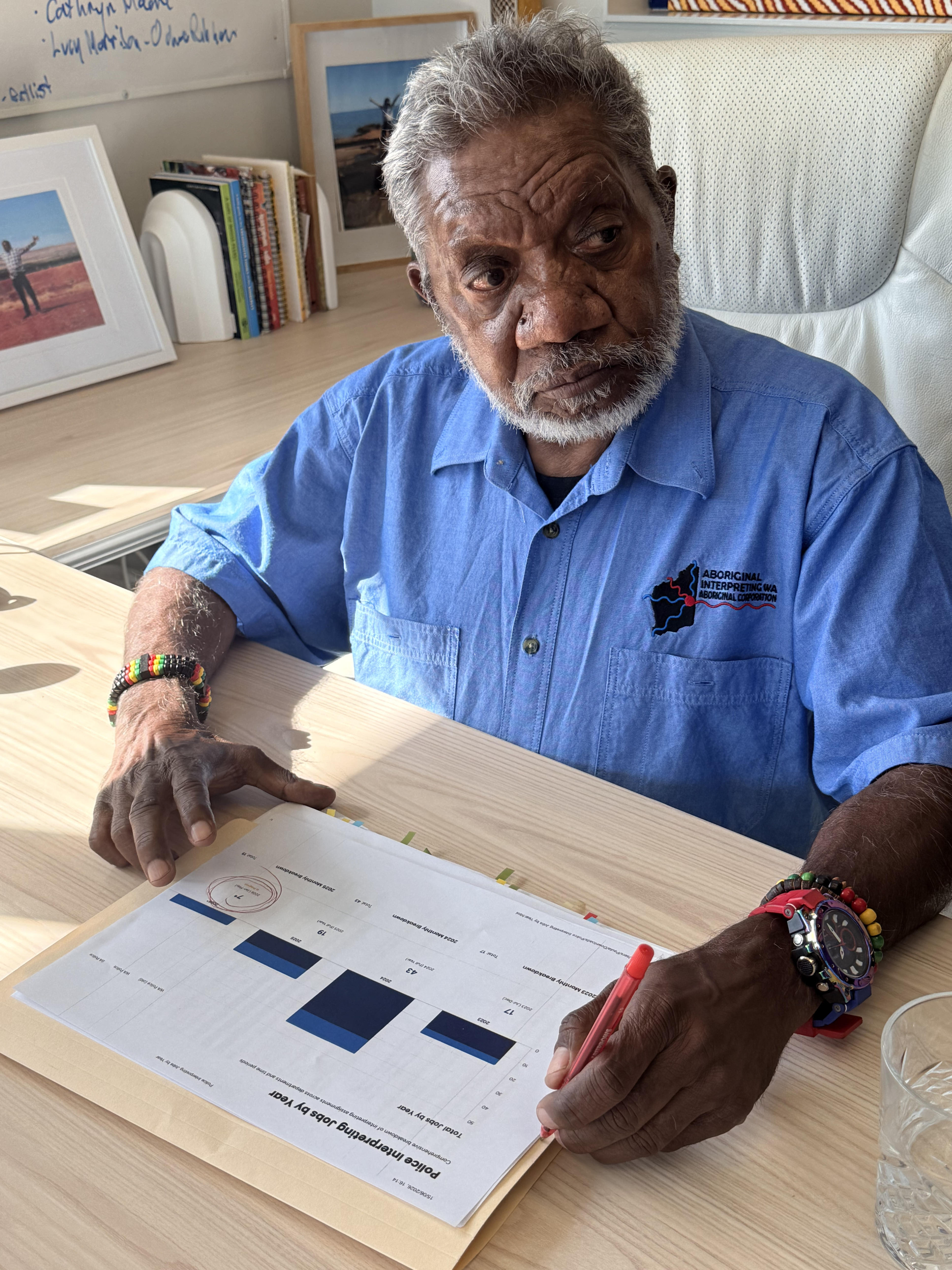 A man seated at a desk wearing a blue shirt.