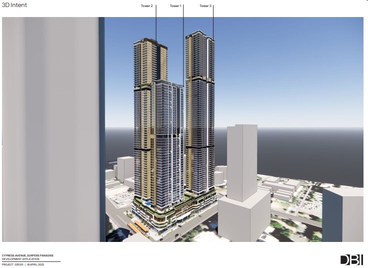 A computer generated image of three towers planned for Surfers Paradise