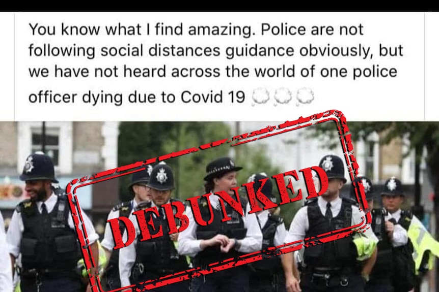 A Facebook post captions a picture from 2018 of police officers walking close together as not following social distancing